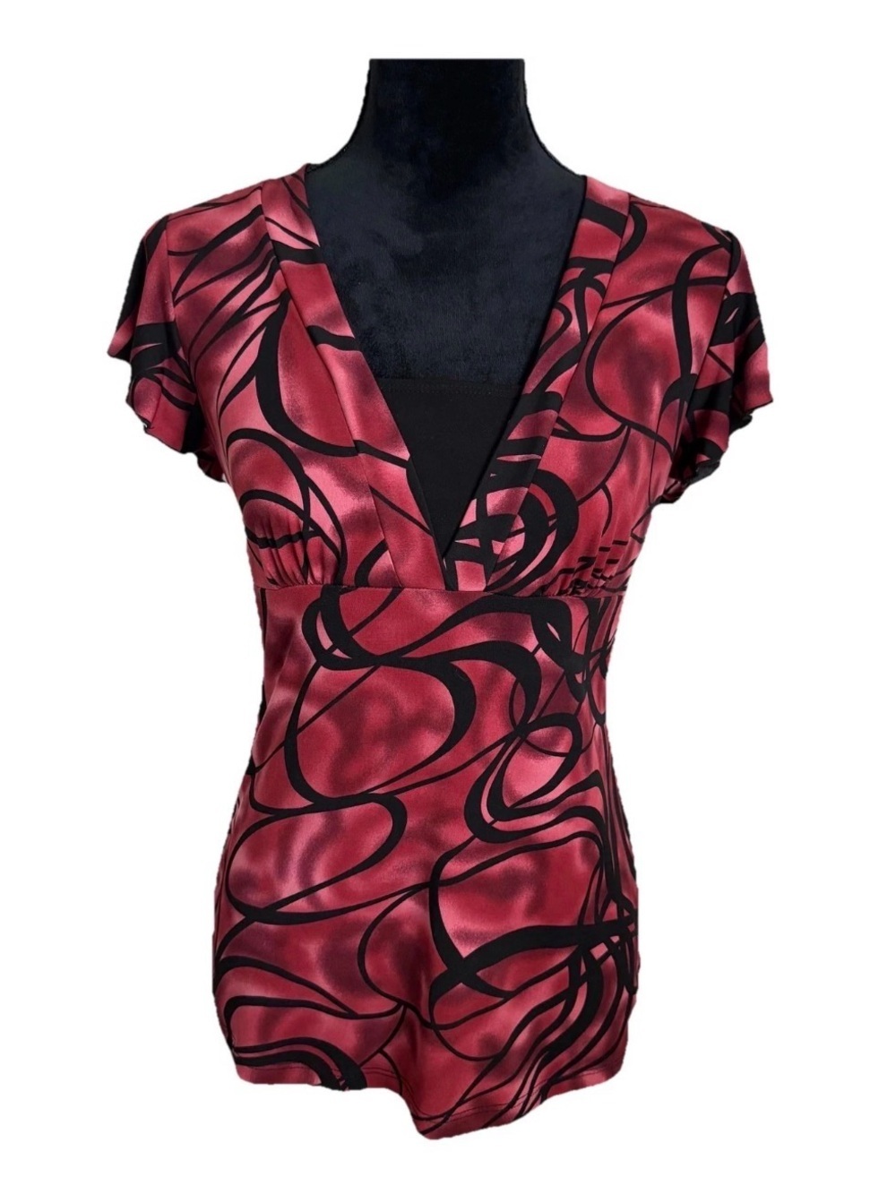 Vtg JKLA Top Womens M Red Geometric V Neck Flutter Sleeve Stretch Y2K Babydoll